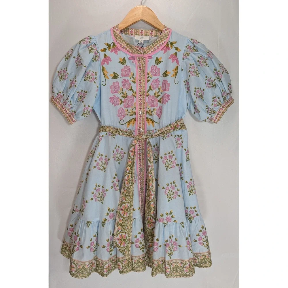 A Loves A Girls Sky Blue Floral Cotton Dress Puff Sleeve Tiered Size L OK3581 - Picture 1 of 5